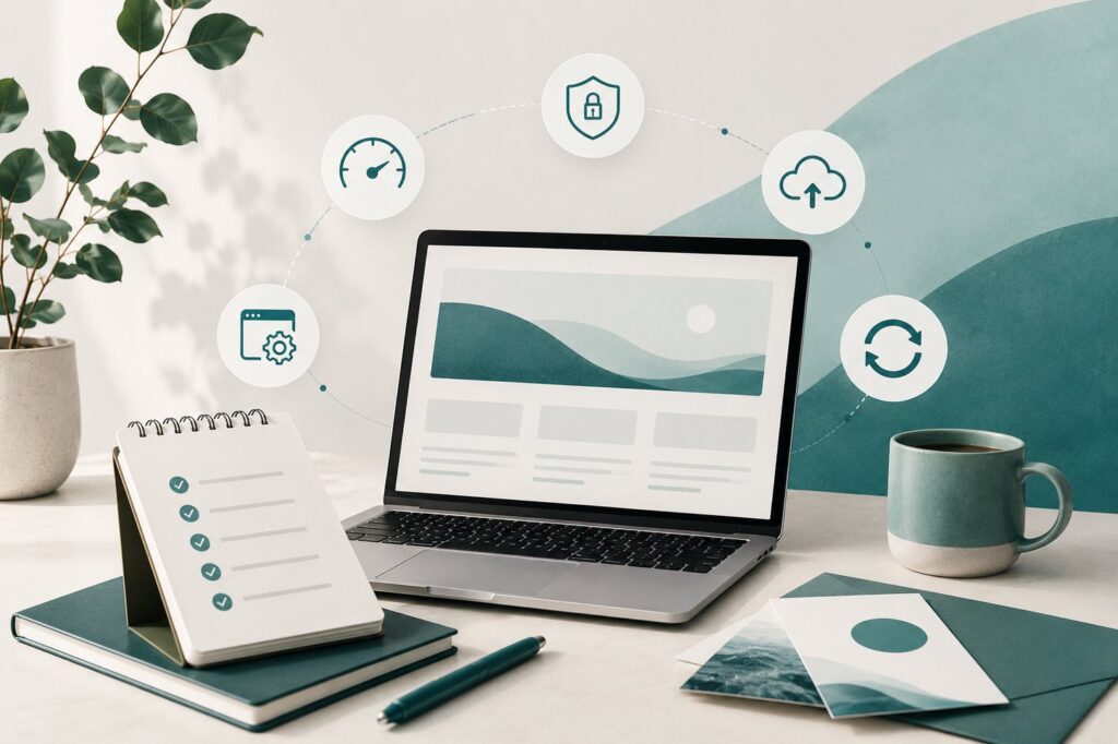 Imatge editorial de manteniment web WordPress amb ordinador, checklist i elements de seguretat i rendiment